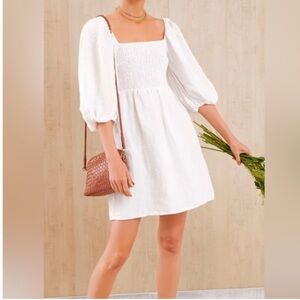 Tuckernuck‎ Dress Womens Medium White Linen Smocked Puff Sleeve Mini